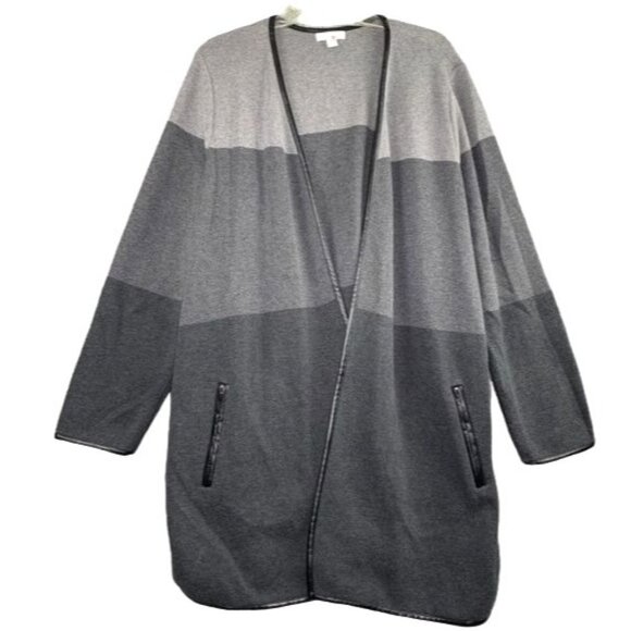 Charter Club Color Block Open Cardigan w/Faux Leather Trim- Heather/Onyx, Sz 0X - Picture 1 of 8